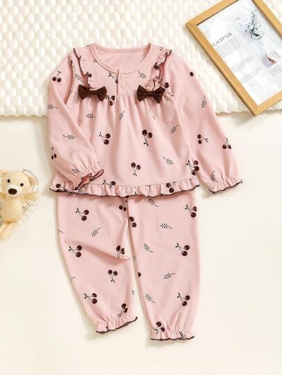 2pcs/Set Girls' Cherry Pattern Long Sleeve Bow Decor T-Shirt And Pants Set