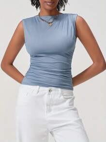 Women's Ruched Tank Tops Slim Solid Color Boat Neck Sleeveless Shirt For Party Club - Blue - View 5