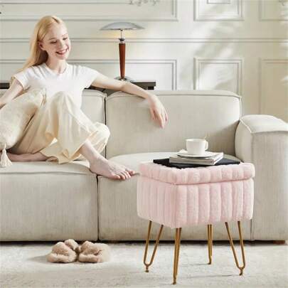 Taburete de almacenamiento tipo baúl para cómoda, taburete de cómoda con patas de metal y superficie de piel sintética suave, reposapiés abatible con asiento acolchado, adecuado para dormitorio y sala de estar