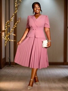 Đầm dài ngang gối thanh lịch, cổ ve lật, hai hàng cúc, xếp ly giả, dành cho nữ cỡ lớn, phù hợp đi làm, công sở, dự tiệc, thường ngày và mặc hàng ngày, màu hồng hè. - Hồng - Xem 5