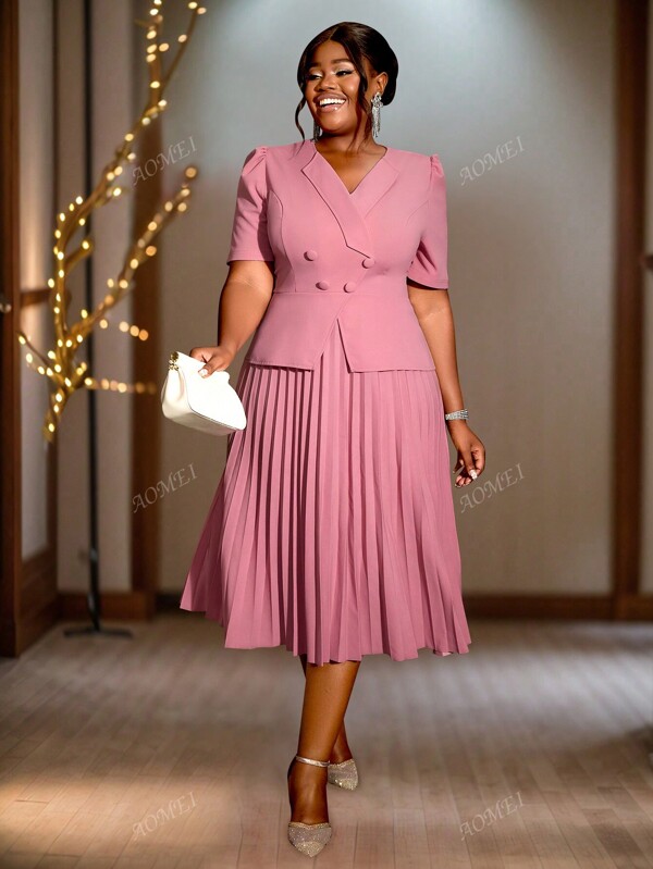Plus Size Women Short Sleeve Suit Collar Double Breasted Fake Two Pleated Mid-Length Elegant Dress, Commuting, Office, Formal, Casual, Daily Wear