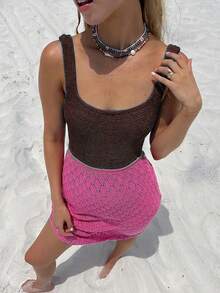 女士纯色运动连体泳衣，可折叠面料，性感露背泳装，夏季海滩度假必备 - 深咖 - 查看 2