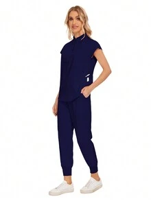 批发时尚牙科医院制服套装纯色手术服口袋V领女士手术服套装，含运动裤，春季款 - 藏蓝色 - 查看 4