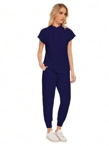 批发时尚牙科医院制服套装纯色手术服口袋V领女士手术服套装，含运动裤，春季款 - 藏蓝色 - 查看 7