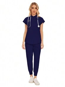 批发时尚牙科医院制服套装纯色手术服口袋V领女士手术服套装，含运动裤，春季款 - 藏蓝色 - 查看 6