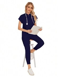 批发时尚牙科医院制服套装纯色手术服口袋V领女士手术服套装，含运动裤，春季款 - 藏蓝色 - 查看 3