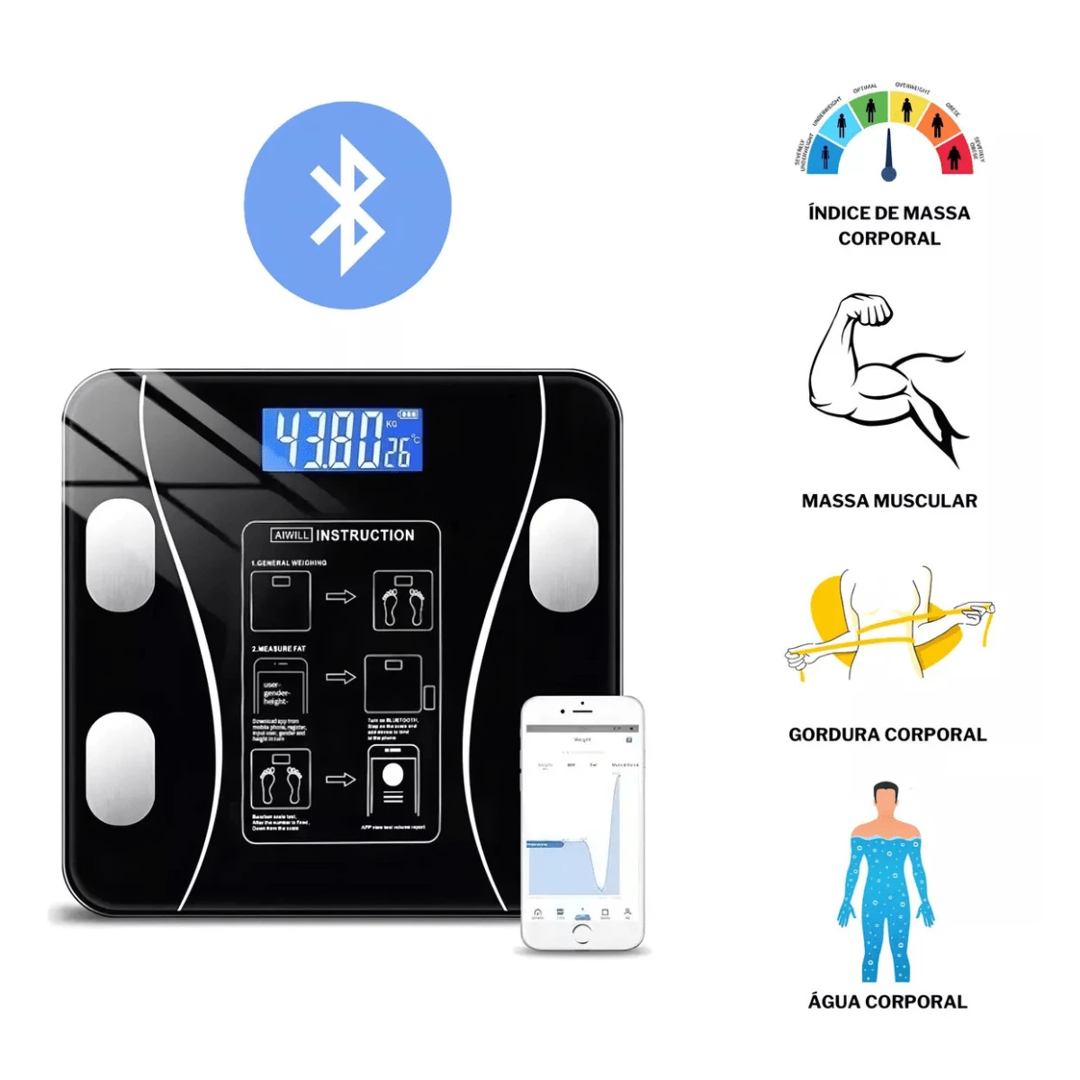 Balança Digital Bioimpedancia Corporal Aplicativo Bluetooth Cor Preto