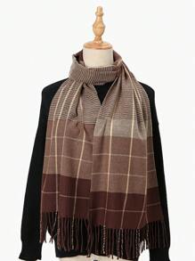 1 件女士经典勃艮第和黑色格子仿羊绒围巾披肩，时尚百搭长流苏围巾冬季秋季 - 格子圍巾 - 查看 15