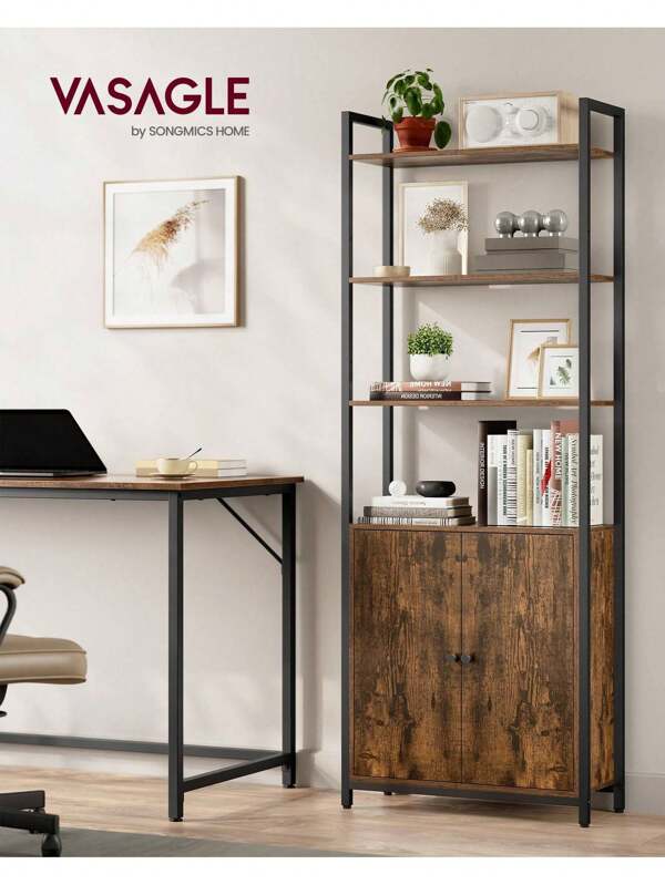 VASAGLE Librería de 6 Niveles, Estantería Vertical con Puerta, Marco de Metal, Estantes Ajustables, 24 x 60 x 159,5 cm, para Salón, Dormitorio, Ne gro Ébano y Ne gro Tinta/Marrón Rústico y Ne gro Tinta
