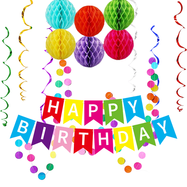 Happy Birthday Banner, Rainbow Birthday Banner, Honeycomb Balls, Metallic Hanging Swirls And Circle Parper Garland, Happy Birthday Decorations, Birthday Decorations