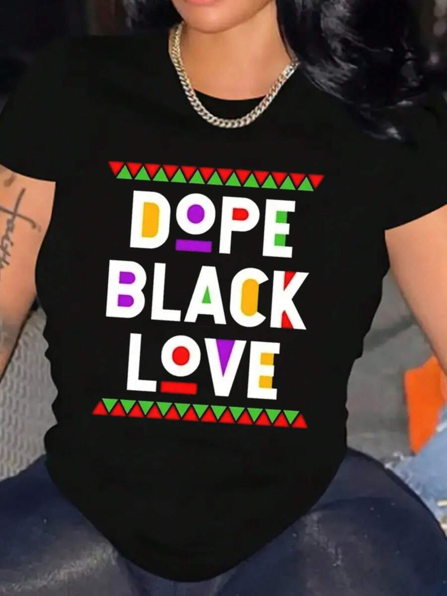 Vintage Dope Black Love Graphic T-Shirt Women's Casual Short Sleeve Breathable Machine Washable - 黑色 - 查看 1