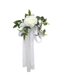 12/6PCS Wedding Aisle Chair Decorations Pew Flowers, Rose Floral Wedding Chair Back Flowers With Leaves And Ribbons,  Chair Bench Pew Flowers For Wedding Ceremony Decor - 白色 - 查看 7