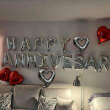 Valentine's Day Decoration Polyester Foil Balloons, Red Heart-Shaped Balloons, HAPPY ANNIVERSARY Letter Banner, Romantic Love Decorations, Red, Silver, Blue, Pink, Rose Gold, Gold, Suitable For Valentine's Day, Bride Wedding, Engagement, Proposal, Bridal Shower - HAPPY ANNIVERSARY - View 7
