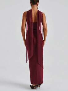 女士褶皱露背开衩抹胸长裙，配手套，修身性感优雅派对鸡尾酒会婚纱春季款 - 酒紅色 - 查看 7