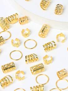 50pcs Gold Sun Mixed Set, Women & Girls Hair Accessories, Fashion Hippie Style Hair Rings, Halloween Hair Decorations, Head Accessories, Claw Clips - Gold - View 4