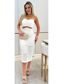 Evangelical Modal Knit Party Slit Strap Midi Dress - White - View 2