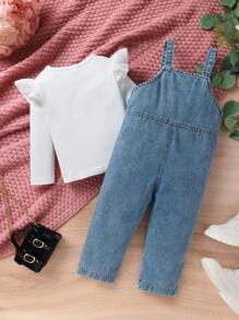 Set de 2 piezas con blusa de punto suave y linda de unicolor con abertura en los hombros y peto vaquero con detalles de bordado floral y bolsillo fruncido para niña