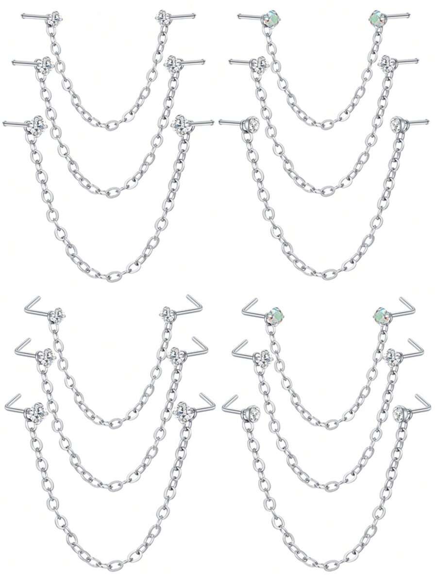 CIZME 3Pcs/Set Silver Rose Gold Nose Chain Piercing Across Nose Stainless Steel 20G L Bone Shaped Nose Ring Chains For Women CZ Nose Studs With Chains Nose Stud Chain Nostril Piercing Jewelry - Nose Chain - View 1