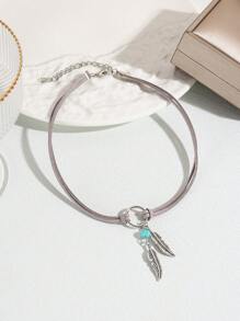 1 件复古叶绿松石吊坠棕黑色皮革颈链项链颈链女士珠宝饰品最佳朋友礼物日常装扮女士圣诞节情人节礼物配饰