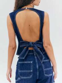 Women Y2k Summer Denim Tops Sleeveless Crew Neck Bow Tie Backless Fitted Vest Shirt Halter Crop Tank Tops Going Out Jean Top Casual Streetwear - Màu xanh lam - Xem 6