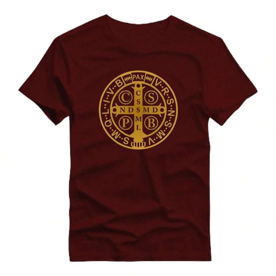 Basic Printed T-Shirt 100% Cotton Shirt With Saint Benedict Medal Print - 紫紅色 - 查看 1
