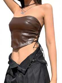 2022 Fashion  Women Sexy Off Shoulder Sleeveless Crop Tops Backless Solid Color PU Leather Tanks Vest Clubwear for Ladies - café - Ver 10