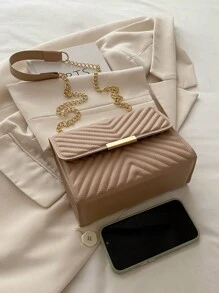Bolso de hombro con cadena en unicolor con relieve, minimalista y práctico multifunción