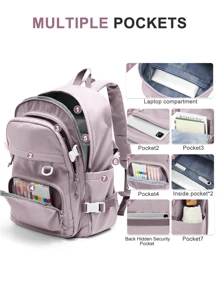 Floless 14/15.6英寸女士笔记本电脑背包，休闲大学生背包，日常背包，旅行包，纯色时尚防盗简约休闲风格，防水多功能女士户外背包，便携大容量24升休闲日用背包，带拉链口袋，大容量多隔层 - 藕粉色 - 查看 2