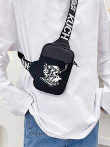 peach tree Bolsa Casual Versátil Masculina, Bolsa de Ombro, Bolsa de Peito, Bolsa de Cintura, Bolsa a Tiracolo, Bolsa de Corrida, Bolsa de Ciclismo com Cor Sólida, Estampa Cartoon, Design Graffiti, Adequada para Streetwear, Negócios, Lazer, Viagens, Atividades ao Ar Livre - Preto - Visão 4