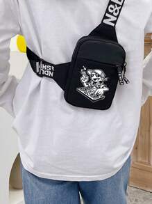 peach tree Bolsa Casual Versátil Masculina, Bolsa de Ombro, Bolsa de Peito, Bolsa de Cintura, Bolsa a Tiracolo, Bolsa de Corrida, Bolsa de Ciclismo com Cor Sólida, Estampa Cartoon, Design Graffiti, Adequada para Streetwear, Negócios, Lazer, Viagens, Atividades ao Ar Livre - Preto - Visão 5