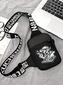 peach tree Bolsa Casual Versátil Masculina, Bolsa de Ombro, Bolsa de Peito, Bolsa de Cintura, Bolsa a Tiracolo, Bolsa de Corrida, Bolsa de Ciclismo com Cor Sólida, Estampa Cartoon, Design Graffiti, Adequada para Streetwear, Negócios, Lazer, Viagens, Atividades ao Ar Livre - Preto - Visão 7