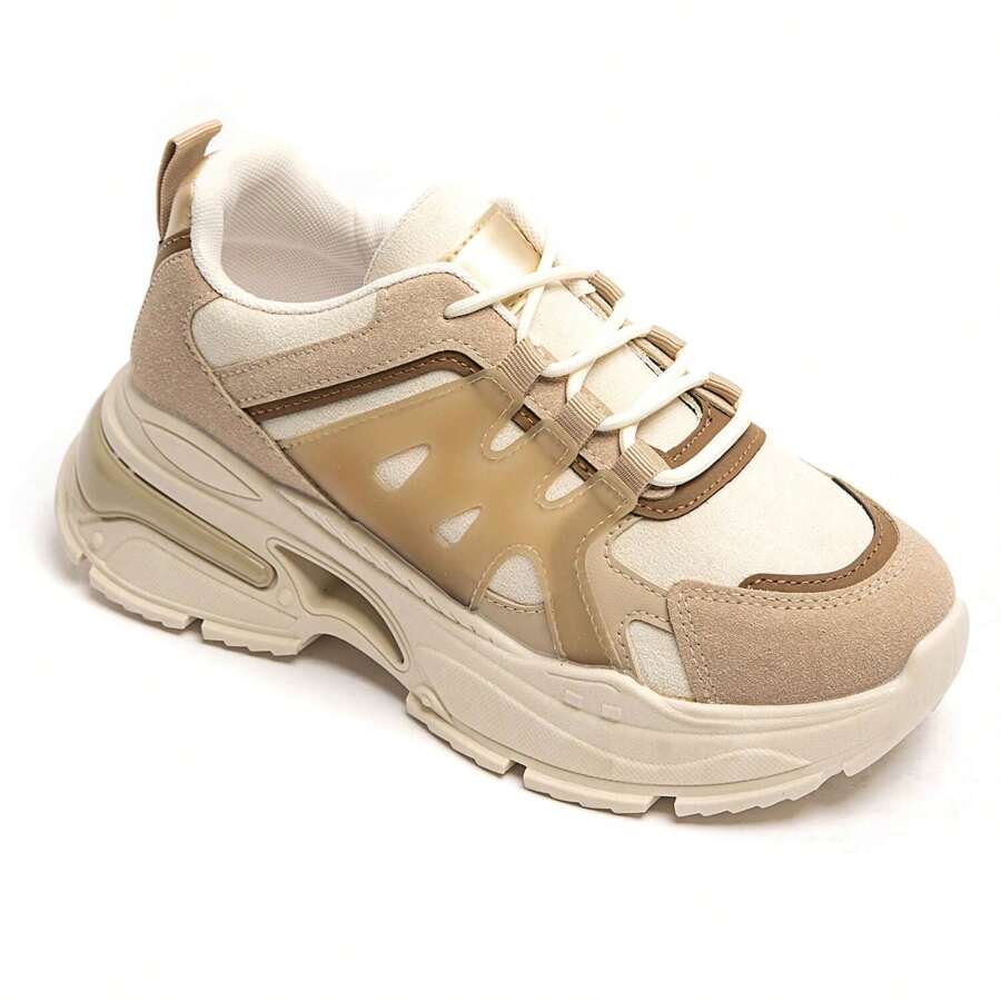 Flat Sneakers With Laces And Openwork Design - Khaki - View 1