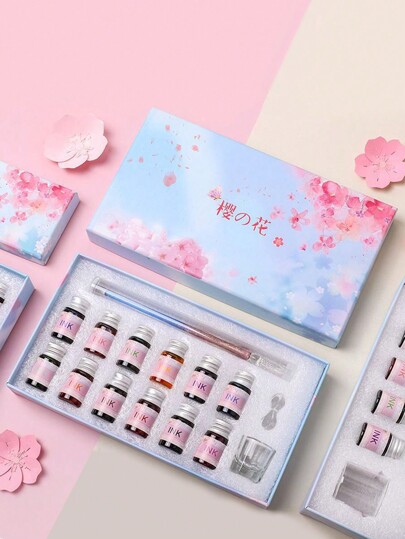 New Romantic Cherry Blossom Glass Dip Pen Gift Set, Gradient Multicolored Crystal Glass Pen, Birthday/Christmas Gift Back To School