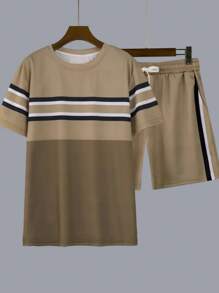 Men's Striped Casual Versatile Printed Round Neck Short Sleeve T-Shirt And Drawstring Waist Shorts Set, Spring/Summer - Khaki - View 4