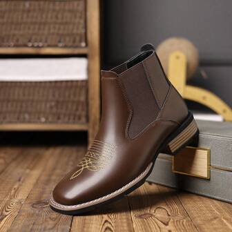 Men's Westem Fabric Chelsea Boots With Square Toe AndBare Fabric Boots,Casual Vintage Fashion Brown Boots