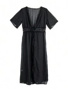 Women Chiffon Kimono Cardigan Lace Long Maxi Dress Beach Dress Swimsuit Beach Poncho Bikini Cover Up - Black - View 5