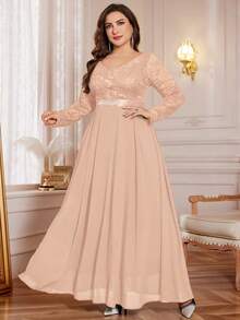 Plus V-Neck Floral Lace Contrast Chiffon Rhinestone Ribbon Waist Formal Party Long Dress, Valentine's Day Dress, Wedding Guest Dress, For Prom, Festivals, Graduation, Dinner - Champagne - View 12