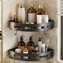 Triangular Wall Mount Corner Shelf - Bathroom Hanging Storage Rack For Shampoo, Body Wash, Cosmetics | Space Saving, Non-Slip, No Electricity Required | Suitable For Multiple Rooms Back To School - Black - View 8