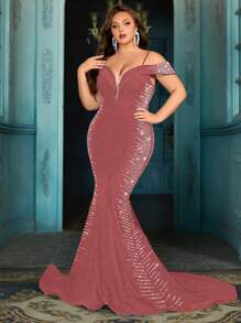 QOQ Glamorous Mature Plus Size Rhinestone Halter Floor Length Women Gown Dresses - Dusty Pink - View 1