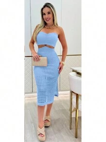 Evangelical Modal Knit Party Slit Strap Midi Dress - Baby Blue - View 2