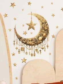 1pc/2pcs Eid Mubarak Gold Star & Moon Wall Stickers, Ramadan Lunar Festival Window & Wall Decor Stickers, Suitable For Windows, Bedroom, Living Room, Holiday Party Decoration - Multicolor - View 3
