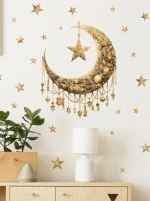 1pc/2pcs Eid Mubarak Gold Star & Moon Wall Stickers, Ramadan Lunar Festival Window & Wall Decor Stickers, Suitable For Windows, Bedroom, Living Room, Holiday Party Decoration - Multicolor - View 1
