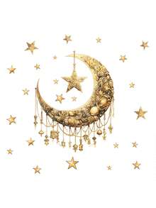 1pc/2pcs Eid Mubarak Gold Star & Moon Wall Stickers, Ramadan Lunar Festival Window & Wall Decor Stickers, Suitable For Windows, Bedroom, Living Room, Holiday Party Decoration - Multicolor - View 4