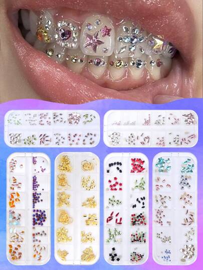 JADVY Juego de iniciación de 12 rejillas con gemas de colores para dientes, joyas de cristal para dientes, decoraciones para dientes, gemas para dientes, decoraciones para fiestas de dientes (no incluye herramientas)