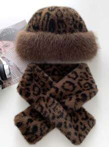 1set Leopard Print Fluffy Hat & Scarf Set, Warm Plush Fur Hood Earflaps Hat, Versatile For Women, Winter