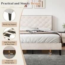 Flieks 4ft6 Double Upholstered Velvet Bed Frame, With Adjustable Button-Tufted & Riveted Headboard, Velvet Platform Bed Frame With Solid Wood Slat And Mute Foam, No Box Spring Needed, Easy Assembly - Beige - View 6