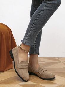 女士平底乐福鞋一脚蹬休闲鞋，舒适家居鞋 - 卡其色 - 查看 4