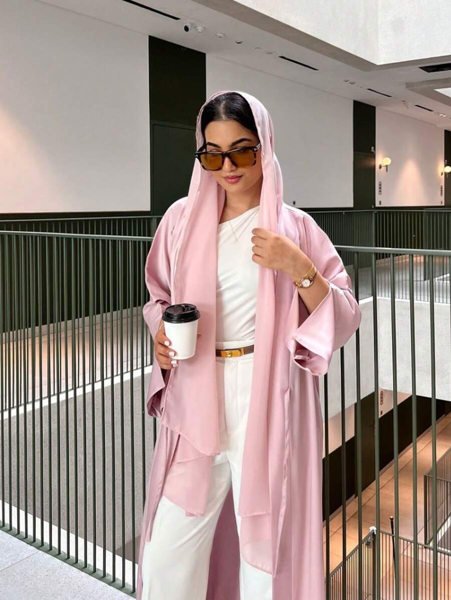 1 件经典纯色缎面长袍，优雅休闲轻质精致面料工艺，质地精致，时尚前开长款阿巴亚长袍 - 阿巴雅 - 查看 1