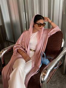 1 件经典纯色缎面长袍，优雅休闲轻质精致面料工艺，质地精致，时尚前开长款阿巴亚长袍 - 阿巴雅 - 查看 8