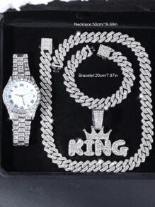 4pcs/Set Hip-Hop Fashion Cuban Bracelet Necklace Set With Quartz Watch And King Pendant Necklace, Men's Jewelry Set, Rapper's Jewelry,Perfect Gift For Dad, Boyfriend, Brother - A - View 3